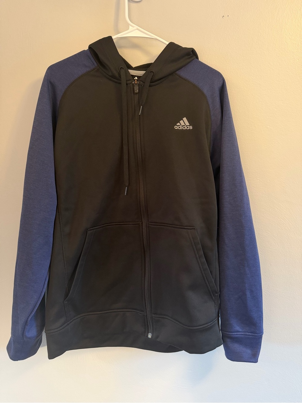 adidas Men's Black Hoodie with Navy Sleeves Full-Zip Sweater